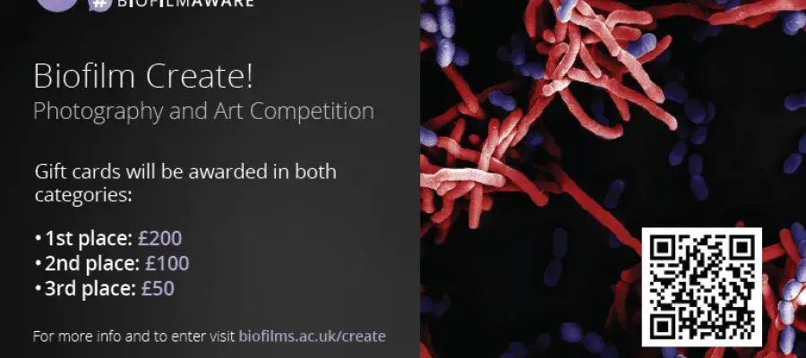 Biofilm Create 2025 Competition banner with condensed information