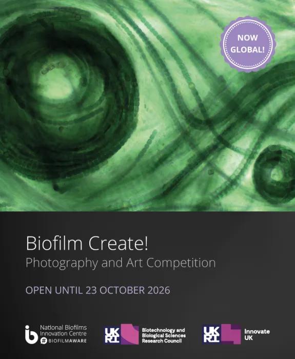 Biofilm Create Announcement of art competition with an artistic image of a biofilm. Competition is open until 23 October.